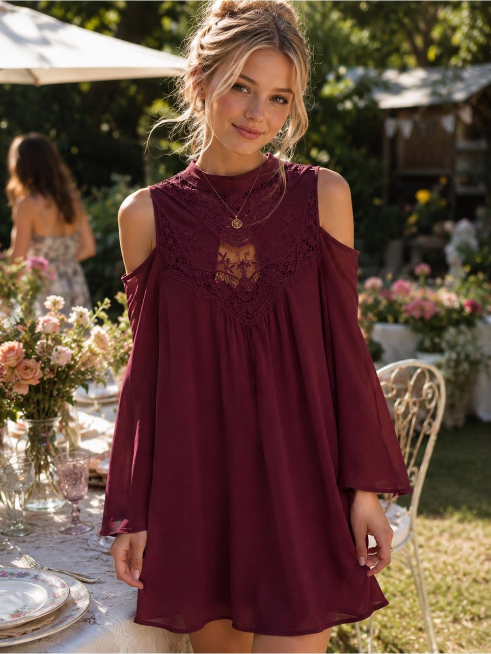 🌹 Romantic Burgundy Lace Cold Shoulder Dress | Date Night Dream | M